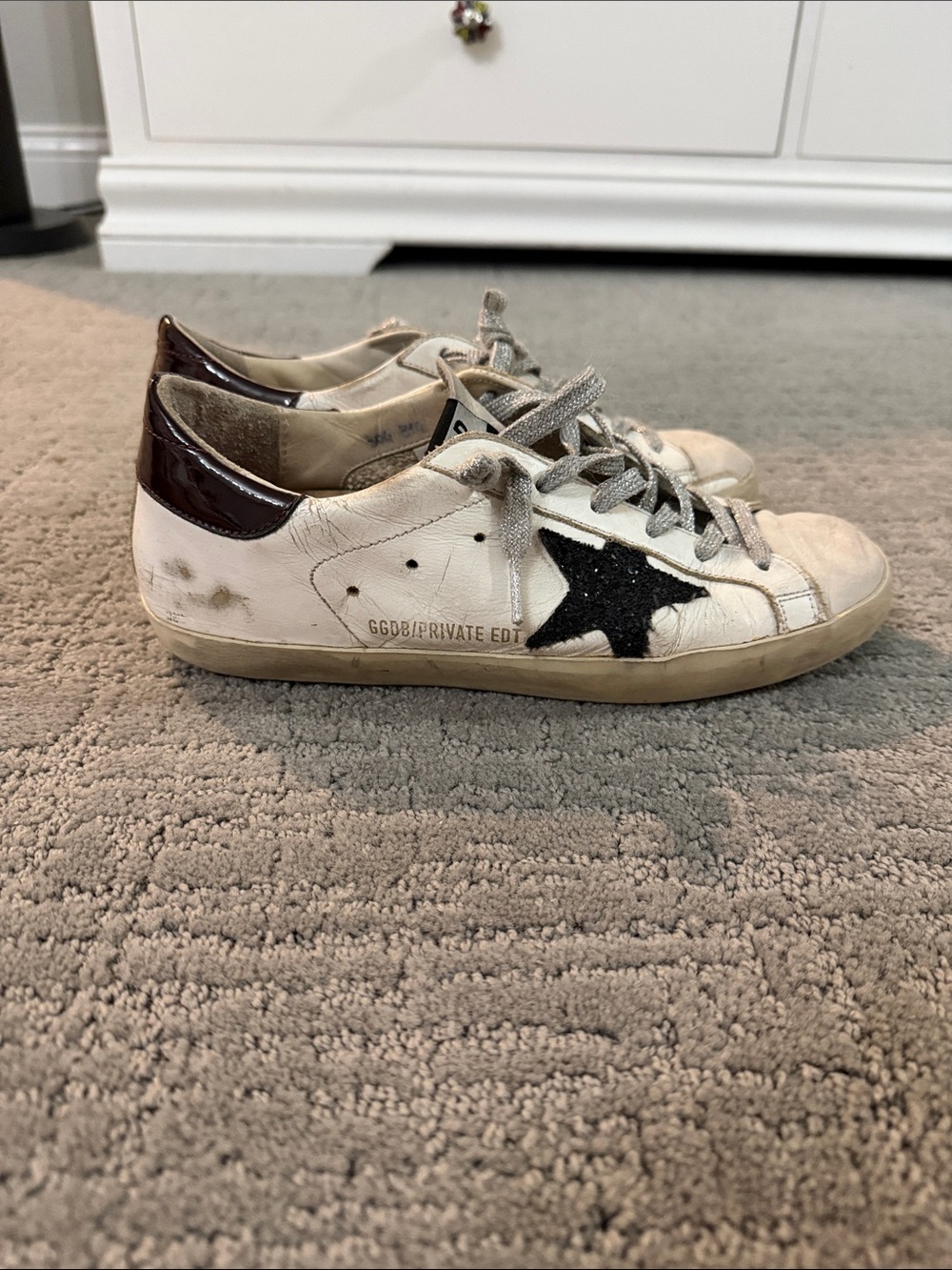 Golden Goose Sneakers with Black Sparkle Star and Burgundy/Maroon Heel